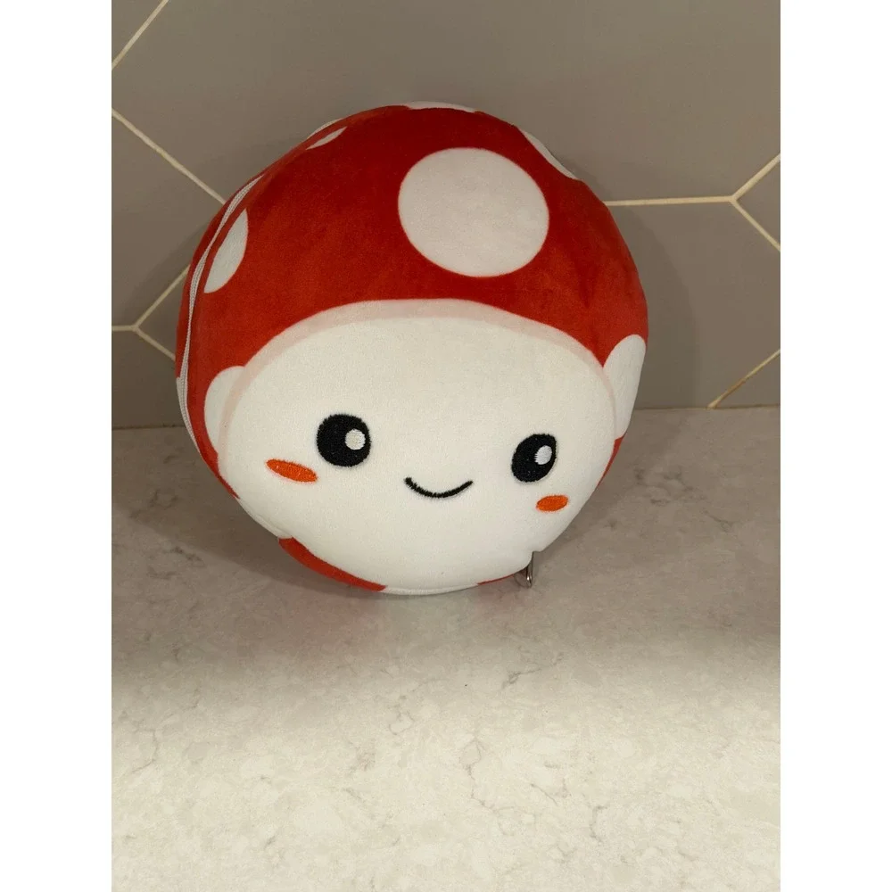 Mushroom Travel Pillow attached Eye Mask Set Red White Polka Dot Toadstool Plush